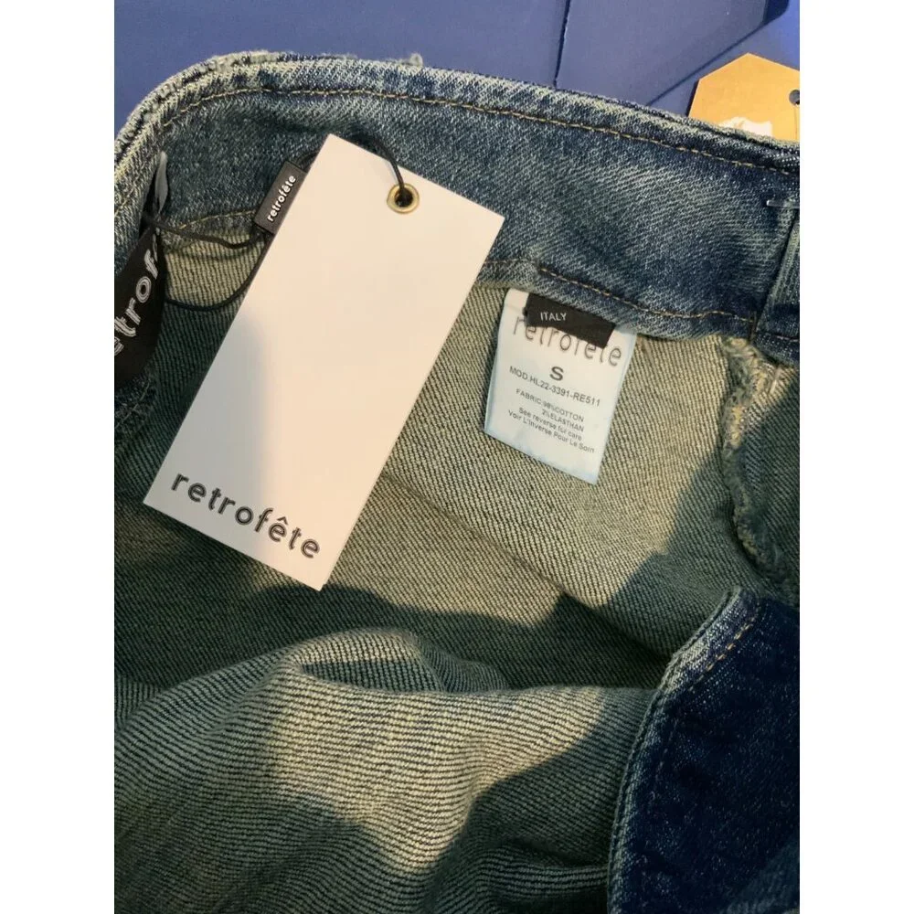 retrofete Willa Denim Mini Blue Jean Skirt Pearl Buttons, Size S, NWT! $350